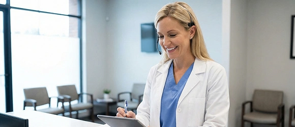 A medical office administrator at a clinic front desk